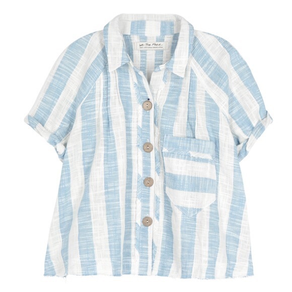 Free People Away At Sea Blue Striped Cotton Top - Picture 3 of 9